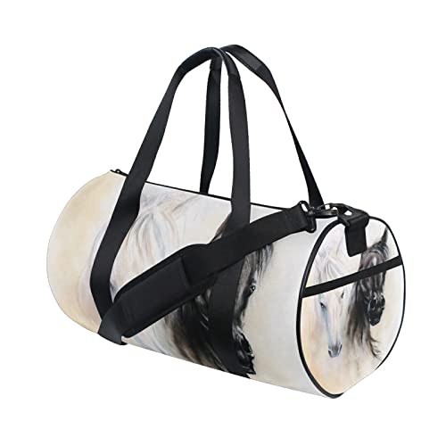 Bolsa de deporte para mujer, hombre, bolsa de viaje, dos elfos de caballo, color negro, blanco, para ejercicio, playa, yoga, fin de semana