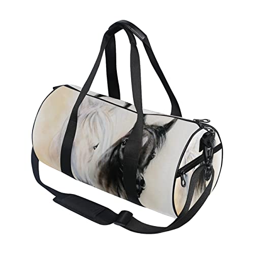 Bolsa de deporte para mujer, hombre, bolsa de viaje, dos elfos de caballo, color negro, blanco, para ejercicio, playa, yoga, fin de semana