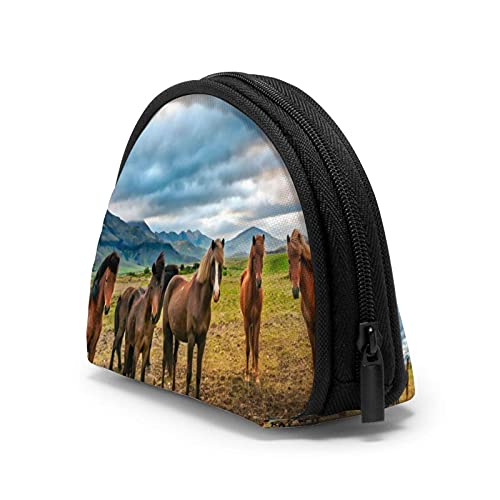 Bolsas de almacenamiento de cosméticos de viaje con diseño de caballos sobre hierba verde Islandia para mujeres y niñas pequeñas monedero monedero monedero monedero