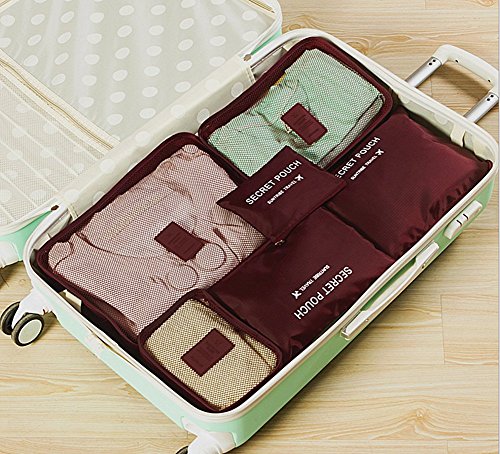 Bolsas de almacenamiento de viaje Equipaje Embalaje Set 6 PC para ropa Calzado Cosmético, rojo vino, S,