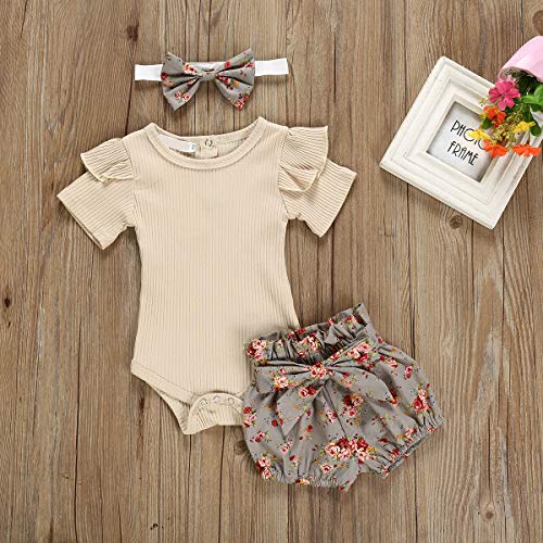 Borlai 3 trajes de verano para bebés y niñas, mameluco + pantalones cortos florales + diadema para 0-24 meses, Caqui + Gris, 0-6 Meses