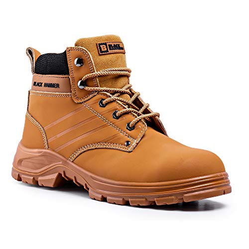 Botas de Seguridad para Hombre con Puntera de Acero Zapatos de Trabajo S3 SRC Tobillo de Cuero marrón Tan 5007 Black Hammer (41 EU)