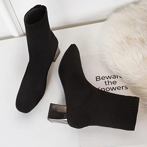 Botines de mujer con punta cuadrada, botas de calcetín elásticas de punto a la moda, Otoño Invierno, negro, Formal, deslizamiento en los botines de tacón grueso