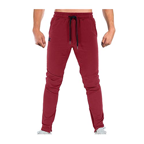 BROKIG - Pantalones de Deporte para Hombre, Corte Ajustado, con Bolsillos Dobles (Rojo Granate,XL)