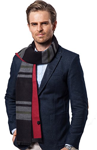 Bufanda Hombre clásico invierno de Super Soft largo de la borla tela escocesa de la bufanda de rayas (Negro rojo)