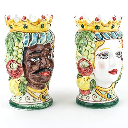 Cabezales de moro, 14 cm de altura, de cerámica siciliana, par de cabezas de moro de Caltagirone hechas a mano