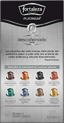 Café Fortaleza - Platinium “ Cápsulas Compatibles con Nespresso, de Aluminio, Descafeinado Forte, Sabor Intenso, Tueste Natural, Pack 8x10 - Total 80 uds