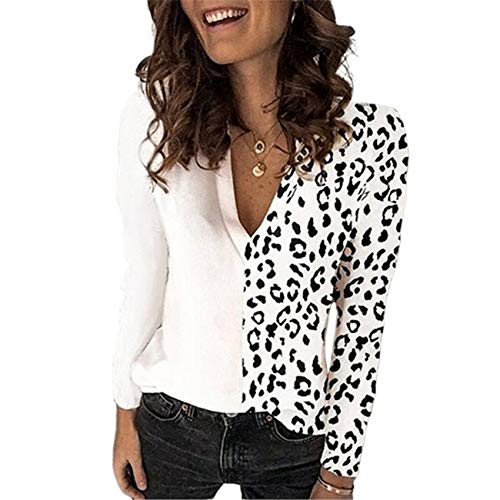Camiseta De Manga Larga con Cuello En V Y Estampado De Leopardo para Mujer De OtoñO E Invierno Camisa De Gasa Superior