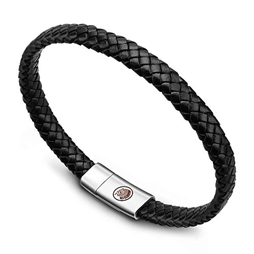 Casisto.J Pulsera Cuero Hombre - Pulsera Trenzada Hecha a Mano clásica en Negro y marrón con Cierre magnético Grabado Joyas Gratis en Caja (Black, 18)