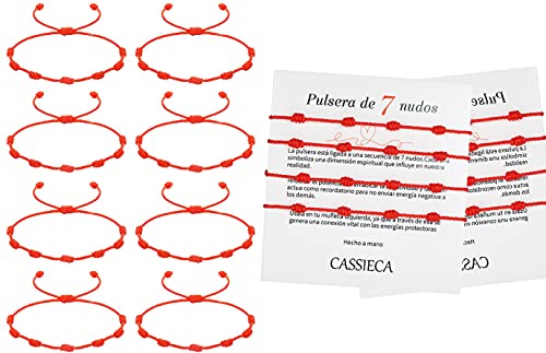 CASSIECA 8 Pcs Pulsera Roja 7 Nudos Amuleto del Kabbalah Pulsera Cordón Pulsera Hilo Rojo de la Suerte Unisex Pulsera Ajustable para Mujeres Hombres Tibetano Pulsera Amistad