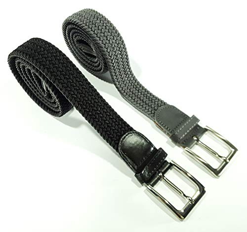 Cinturón trenzado elástico y extensible 2 piezas cinturones con hebilla para hombre y mujer. Pack de 2 colores (Negro - Gris, 105cm)