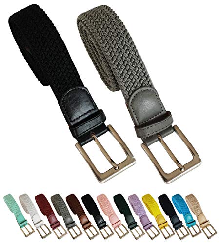 Cinturón trenzado elástico y extensible 2 piezas cinturones con hebilla para hombre y mujer. Pack de 2 colores (Negro - Gris, 105cm)