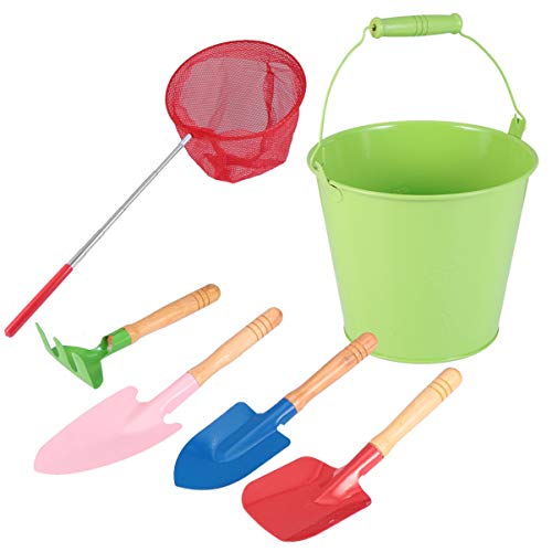 CLISPEED 6Pcs Niños Juguetes de Arena de Playa Set Palas de Cubo Rastrillos Red de Pesca Herramienta de Dragado de Excavación de Arena para Niños Pequeños