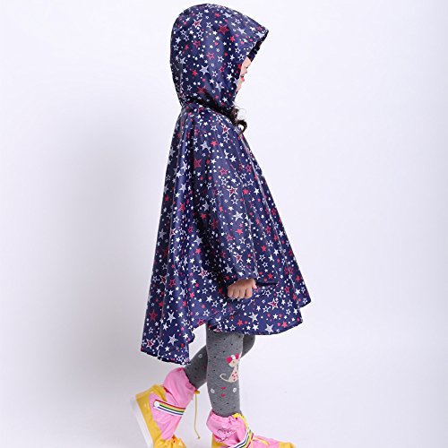 Comfysail Kids Star Poncho de lluvia con capucha [Abrigo impermeable] con bolsa de fácil transporte [Grande -Estrellas azules]