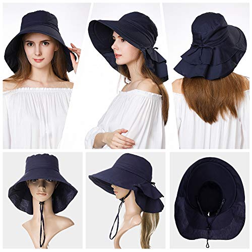 Comhats UPF50 - Sombrero de verano plegable para mujer, con ala ancha de algodón, Primavera-verano, Mujer, color 69085B_Negro Azul (sombrero + visera extraíble), tamaño M