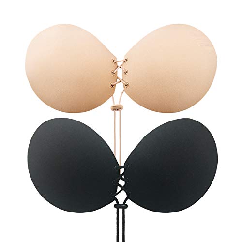 CtopoGo 2 Pack Sujetador Adhesivo, Sin Tirantes Mujeres Reutilizable Invisible Sujetador Push UP Bra con Gel Adhesivo y Ajustable String (A, Negro/Rosa)