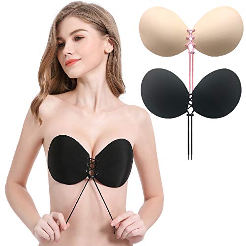 CtopoGo 2 Pack Sujetador Adhesivo, Sin Tirantes Mujeres Reutilizable Invisible Sujetador Push UP Bra con Gel Adhesivo y Ajustable String (A, Negro/Rosa)