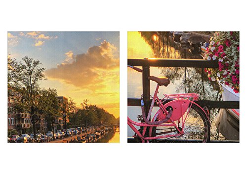 Cuadro sobre lienzo - Impresión de Imagen - Bicicletas canal Amsterdam arquitectura - 120x80cm - Imagen Impresión - Cuadros Decoracion - Impresión en lienzo - Cuadros Modernos - AA120x80-3081