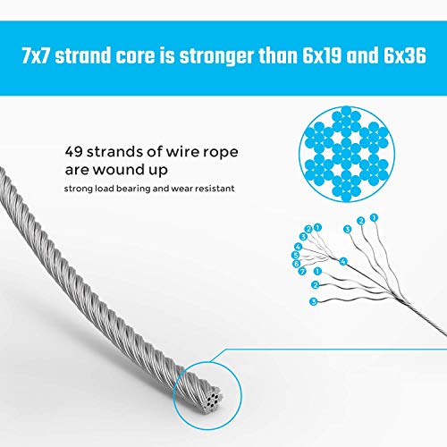 Cuerda de alambre de 1/16, cable de acero inoxidable 304, cable de avión de 50m de longitud, núcleo de 7 x 7 hilos, resistencia a la rotura de 167 kg con 100 abrazaderas de aluminio engarzado
