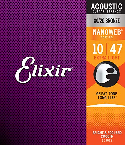 Cuerdas de guitarra acústica Elixir Strings de bronce en proporción 80/20 con recubrimiento NANOWEB, (.010-.047)