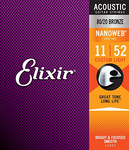 Cuerdas de guitarra acústica Elixir Strings de bronce en proporción 80/20 con recubrimiento NANOWEB, calibre ligero personalizado (.011-.052)