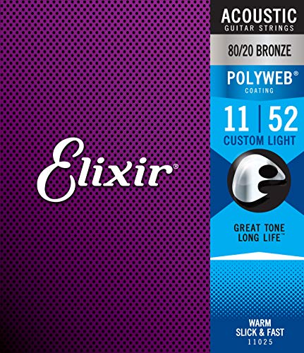 Cuerdas de guitarra acústica Elixir Strings de bronce en proporción 80/20 con recubrimiento POLYWEB, calibre ligero personalizado (.011-.052)