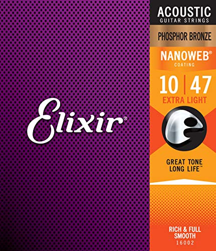 Cuerdas de guitarra acústica Elixir Strings de bronce fosforado con recubrimiento NANOWEB, calibre extraligero (.010-.047)