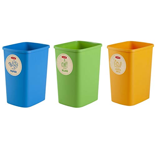 CURVER Eco Friendly - Juego de 3 cubos de reciclaje de residuos de papel de cristal y plástico (3 x 25 L)