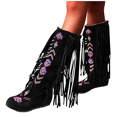 Dasongff Botas de cowboy para mujer, con flecos, sin tacón, largas, para mujer, sexy, planas, de invierno, impermeables, clásicas, equitación, bonitas botas retro occidentales