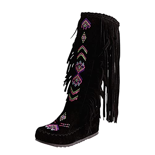 Dasongff Botas de cowboy para mujer, con flecos, sin tacón, largas, para mujer, sexy, planas, de invierno, impermeables, clásicas, equitación, bonitas botas retro occidentales