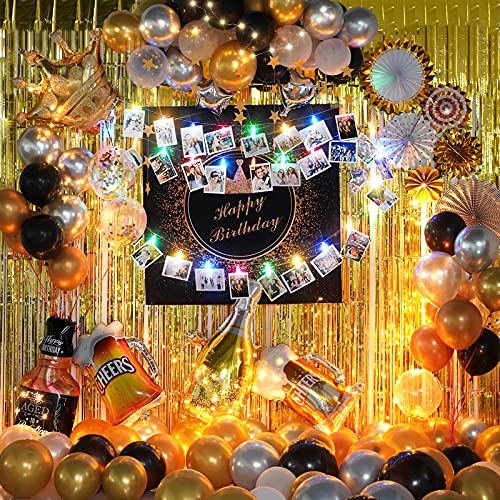 Decoración para fiestas de cumpleaños de adultos para hombres y mujeres, con temática dorada, juego de pósteres Happy Birthday con cadena de luces para una noche encantadora, 79 unidades en total.