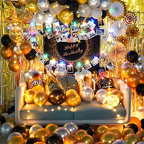 Decoración para fiestas de cumpleaños de adultos para hombres y mujeres, con temática dorada, juego de pósteres Happy Birthday con cadena de luces para una noche encantadora, 79 unidades en total.