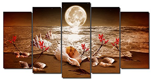 DekoArte 436 - Cuadros Modernos Impresión de Imagen Artística Digitalizada | Lienzo Decorativo Para Tu Salón o Dormitorio | Estilo Piasaje noche Luna Iluminando Playa Flores Rojas | 5 Piezas 150x80cm