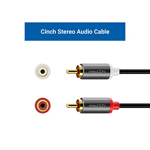 deleyCON 1m Cinch Cable RCA Cable Audio de Alta Fidelidad Conector de Metal Chapado en Oro para Amplificador de Sistema Estéreo de Cine en Casa Blu-Ray (Extra Fino y Flexible)