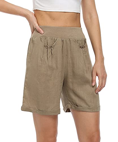 Dilgul Pantalones Cortos Mujer Bermudas de Lino Casuales de Verano Pantalones Deportivos de Playa con Cintura Botones Elástica con Bolsillos Caqui L