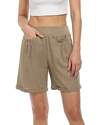 Dilgul Pantalones Cortos Mujer Bermudas de Lino Casuales de Verano Pantalones Deportivos de Playa con Cintura Botones Elástica con Bolsillos Caqui L