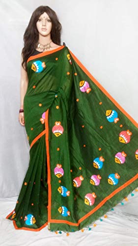 Diseño de seda de algodón verde Saree pintado a mano motivos indios mujeres sari de West Bengala 513