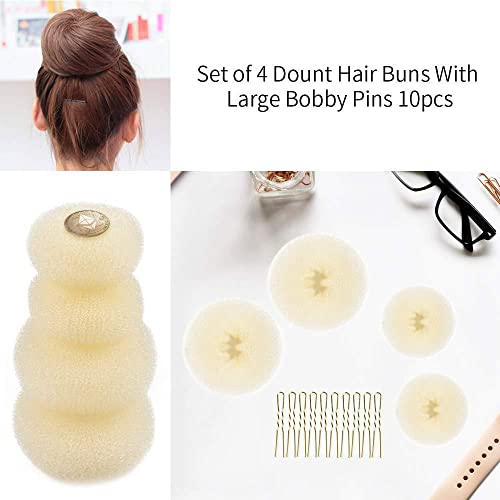 Donut Moño, Anillo de Donut de Moño Juego, 4 Moldeadores de bollos de rosquilla beige y 10 horquillas para accesorios para el cabello para niñas y mujeres con cabello largo