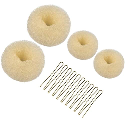 Donut Moño, Anillo de Donut de Moño Juego, 4 Moldeadores de bollos de rosquilla beige y 10 horquillas para accesorios para el cabello para niñas y mujeres con cabello largo