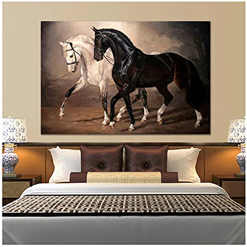 Dos imágenes de caballos corriendo para impresiones de paredes y carteles pintura de lienzo de animales decoraciones artísticas de pared de caballo blanco y negro
