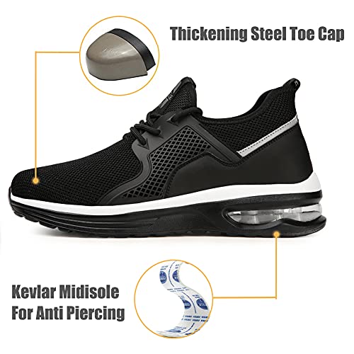 Drecage Zapatos de seguridad con puntera de acero, a prueba de pinchazos y absorción de golpes, botas de trabajo para hombre y mujer, ligeras y antideslizantes, 2096 Blackwhite, 44 EU