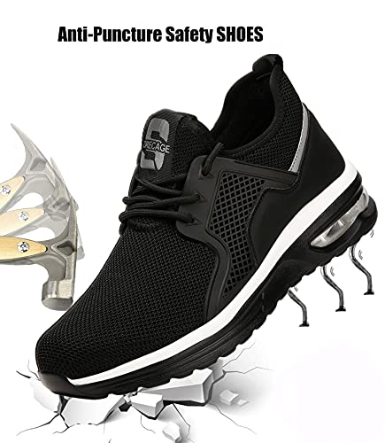Drecage Zapatos de seguridad con puntera de acero, a prueba de pinchazos y absorción de golpes, botas de trabajo para hombre y mujer, ligeras y antideslizantes, 2096 Blackwhite, 44 EU