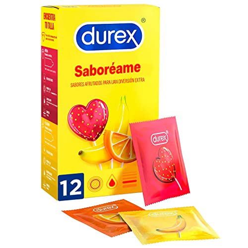 Durex Preservativos Saboreame con Sabores Afrutados - Fresa, Plátano, Naranja y Manzana - 12 condones