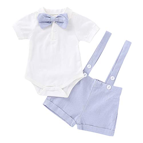 Edjude Conjunto Bebé Niños Camisas Manga Corta Traje de Caballero Corbata Mameluco+Shorts de Tirantes Azul 0-6 Meses