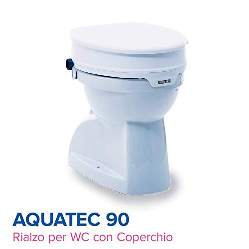 Elevador de inodoro Aquatec 90 de Invacare con tapa | Altura delantera del asiento: 105 mm | Altura trasera del asiento: 115 mm | Peso máximo soportado: 225 kg