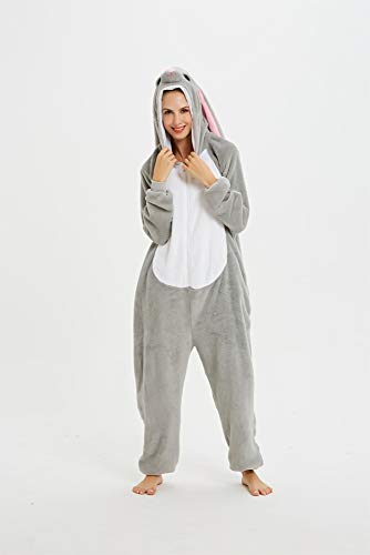 Emmarcon - Pijama Kigurumi - Pijama modelo animalito - Mono enterizo - Ideal incluso como disfraz de Halloween, para fiestas cosplay, etc - Pijama unisex para adulto Conejo gris XL