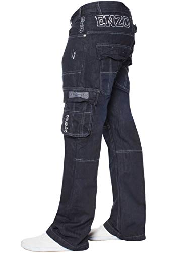 Enzo - Pantalones vaqueros de combate para hombre, estilo casual, de trabajo, todos los tamaños de cintura Azul Oscuro Stonewash 48S