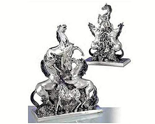 Estatua de escultura gigante, grupo de caballos rampantes sobre roca, fabricada en Italia, 100 % 33 x 46 cm, revestida de plata 925 % con acabado satinado y esmalte negro con base 7015