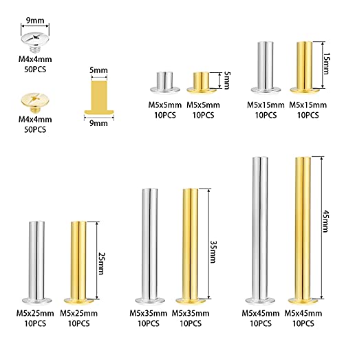 Faankiton 100 juegos de tornillos de encuadernación de Chicago, kit surtido, 5 tamaños, tornillo de espárrago de cabeza cruzada redonda de metal
