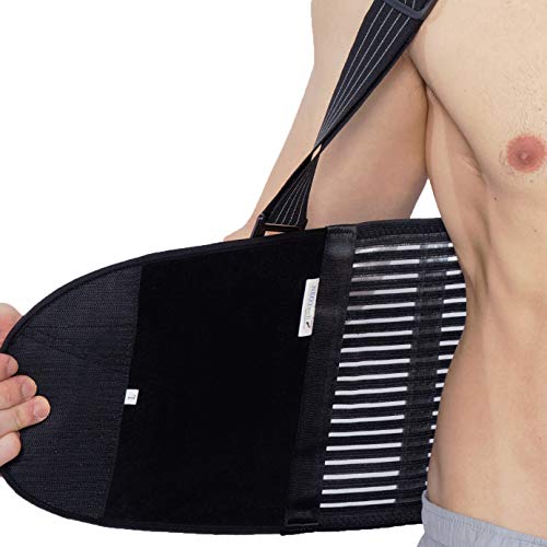 Faja para la espalda con tirantes, apoyo lumbar, cinturón de culturismo / halterofilia - Marca Neotech Care (Negro carbón, Talla XL)